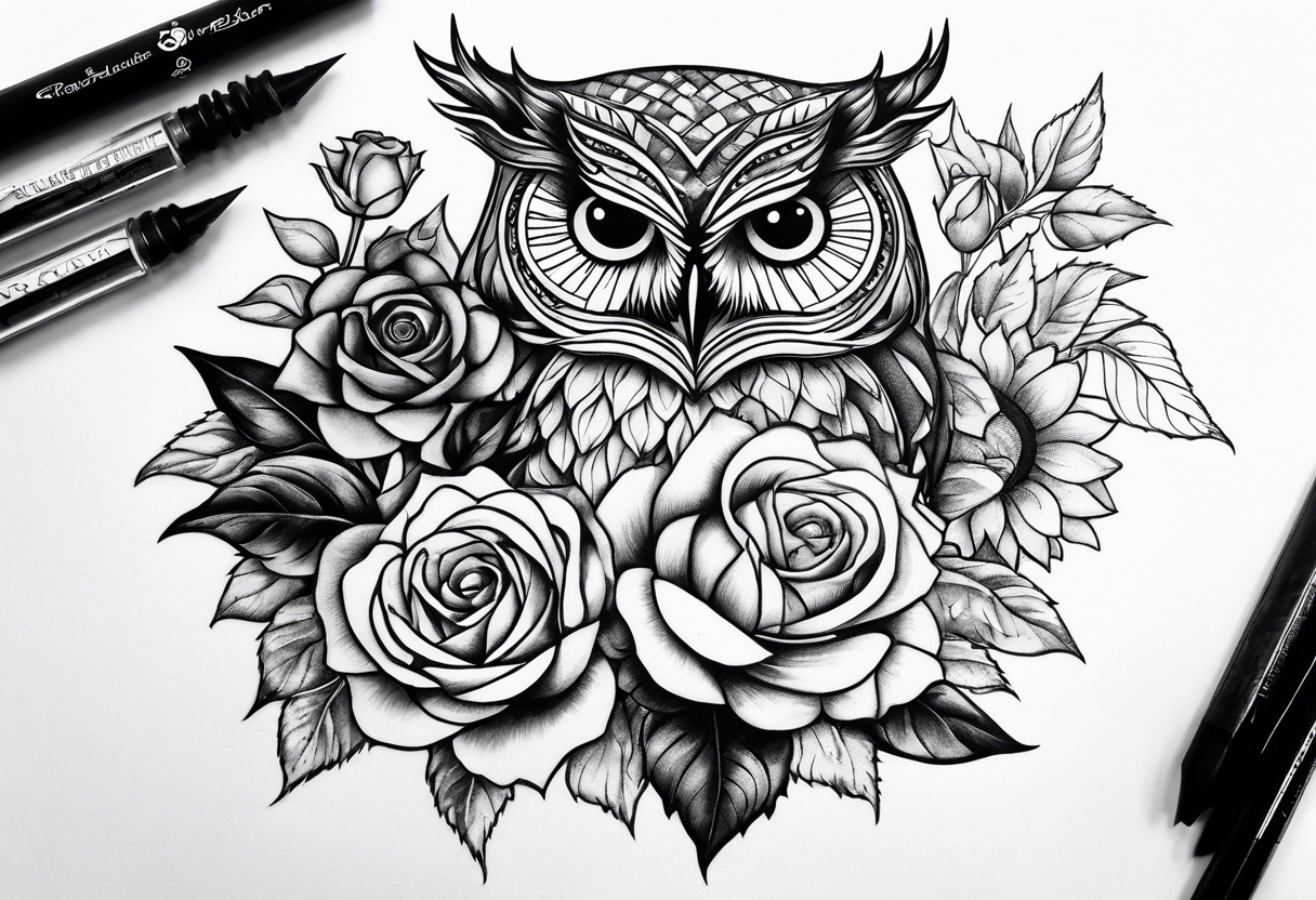 Sunflower and rose flower, owl tattoo idea