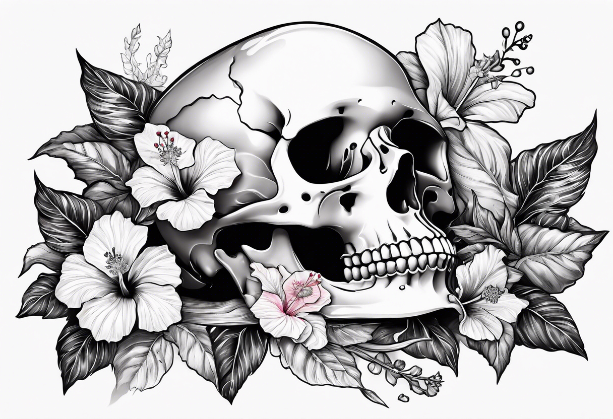 a  female skeleton of bones laying in a bed surrounded by hibiscus flower. tattoo idea