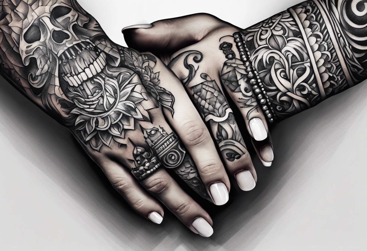 A human hand and a skeleton hand interlocking pointer fingers tattoo idea