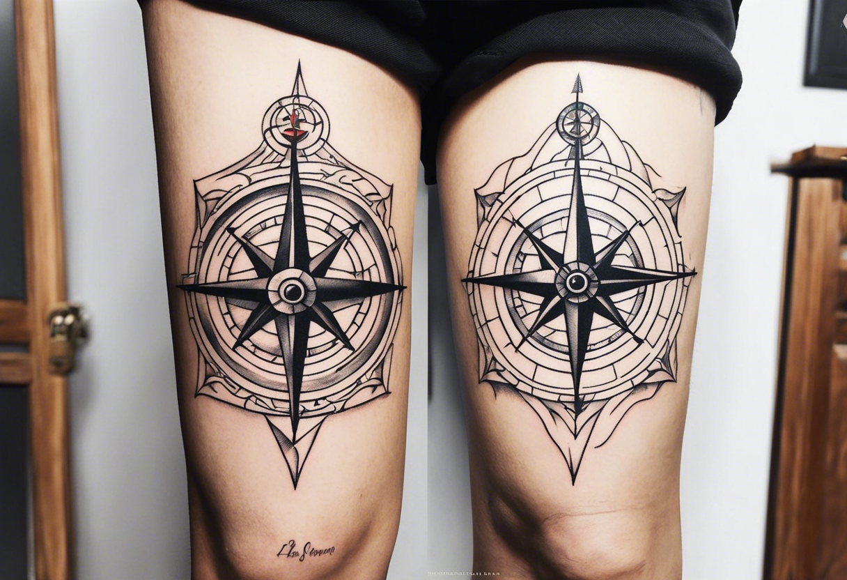 Oturning ships that looks like a compass rose  wheel in a storm. Full leg tat tattoo idea