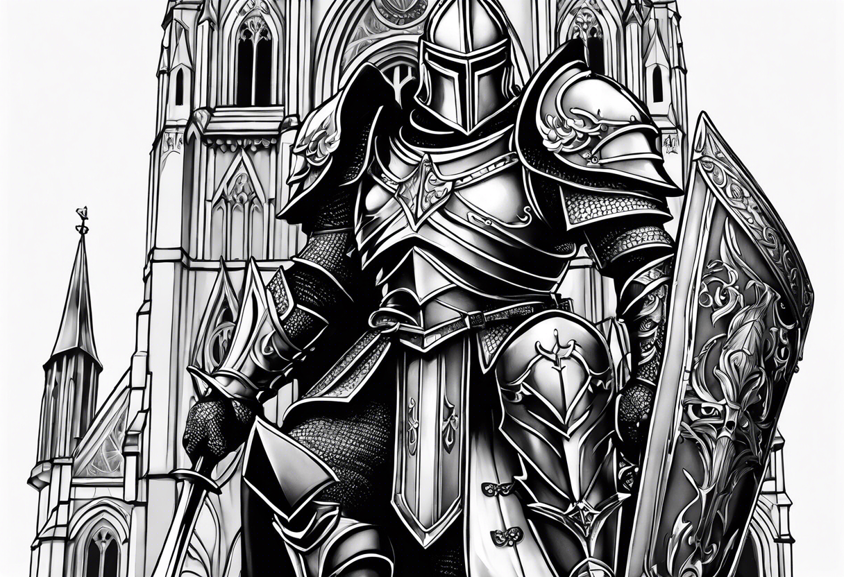 knight heavy armor in front of cathedral tattoo idea