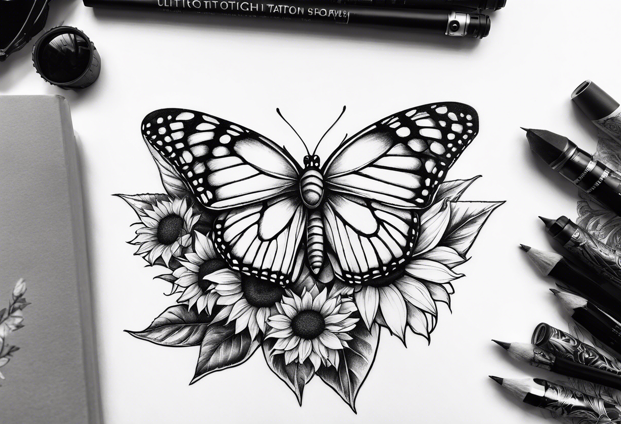 Butterfly, sunflower, camera, book,  flower rose tattoo idea