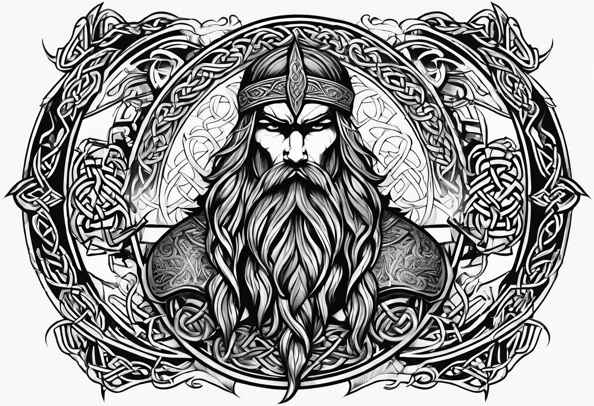 Side profile wide shot of Celtic warrior weapons unsheathed tattoo idea