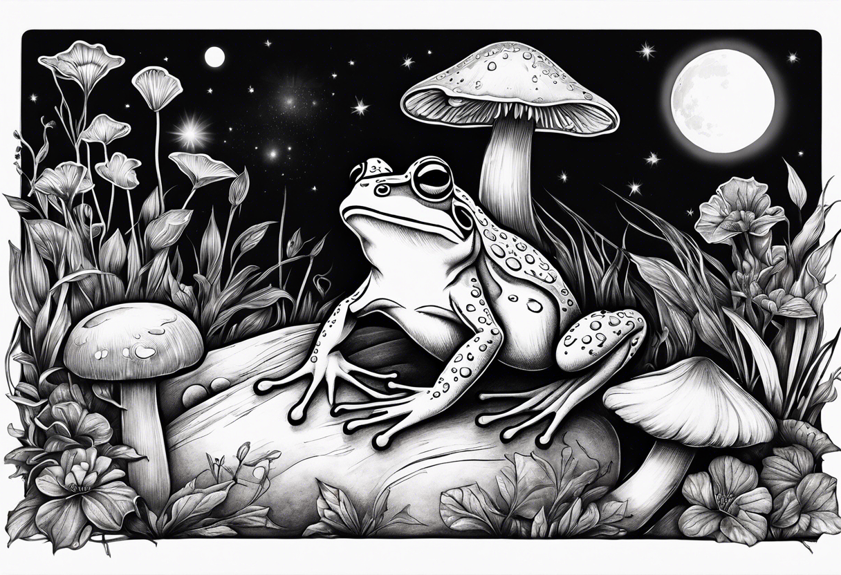 dancing frog on two feet under the moon mushroom in the Background mystical tattoo idea