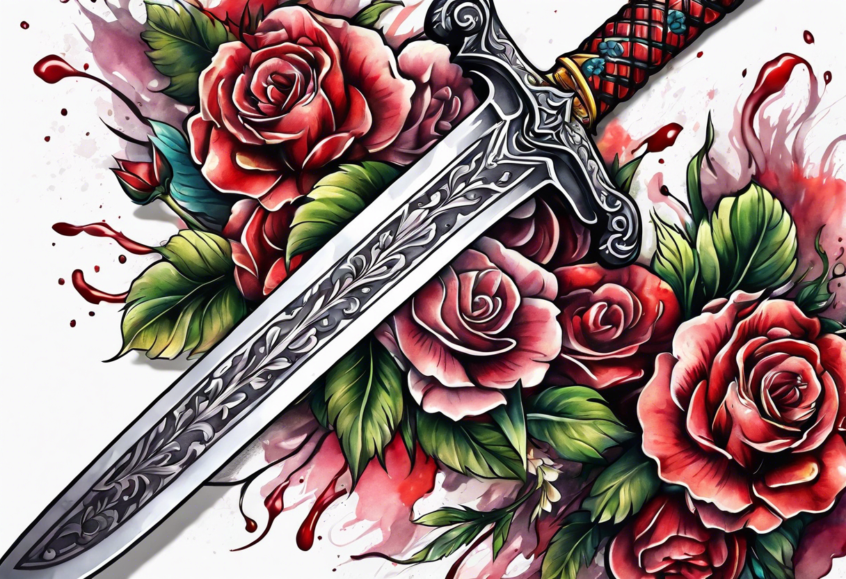 bloody sword with flowers tattoo idea