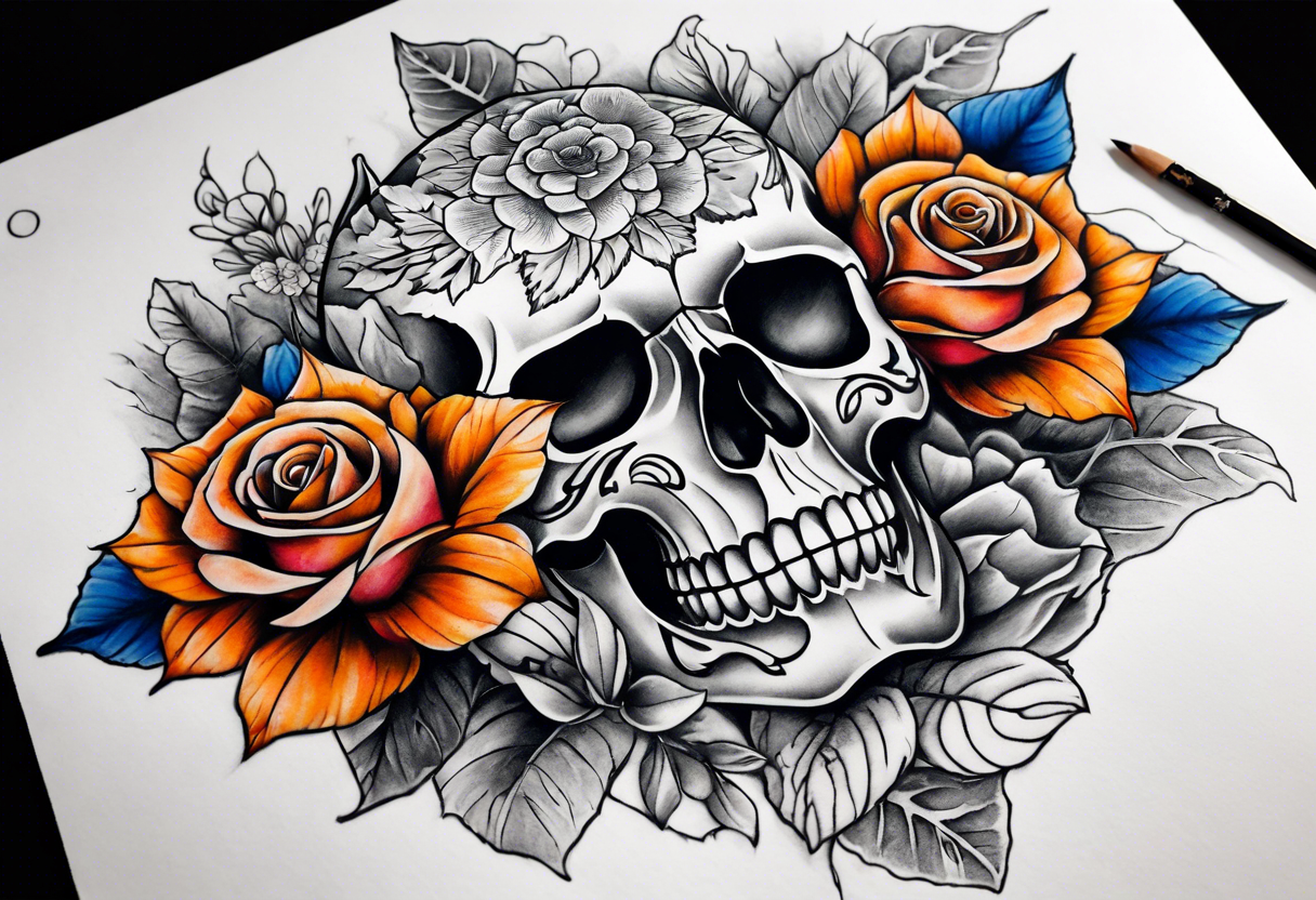 Front knee tattoo with fall colors, small flowers, rose, devil skull, leaves, blue water flows with washes and background Powell Peralta tattoo idea