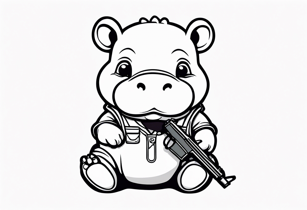 Baby hippo wearing overalls and holding a gun tattoo idea