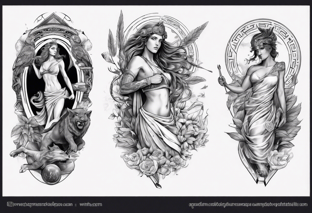 Greek mythology sleeve for women to signify power and success tattoo idea