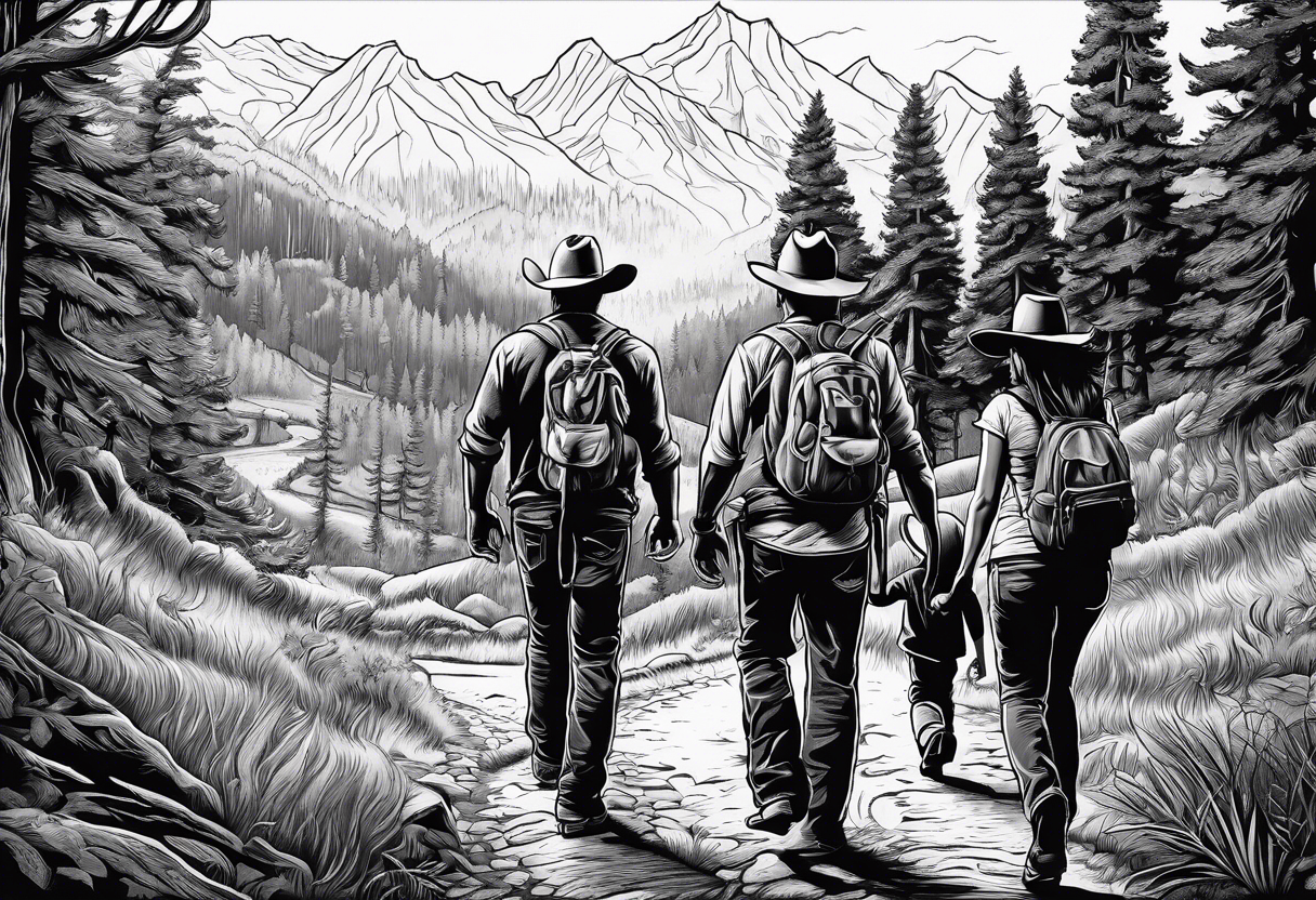 A man in cowboy hat with his family hiking through the Forrest. Add Mexican American tone tattoo idea