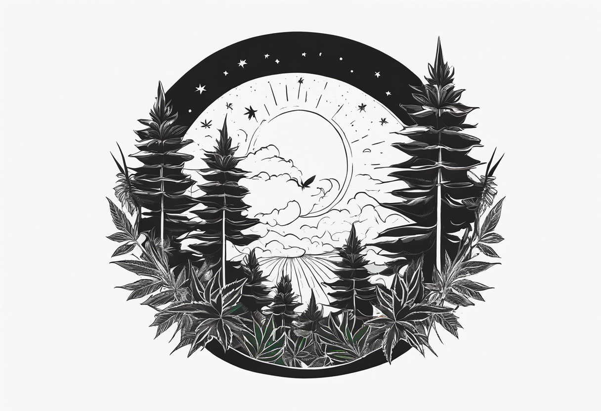 Eclipsed sun with negative space, cannabis plants and other forest botanicals tattoo idea