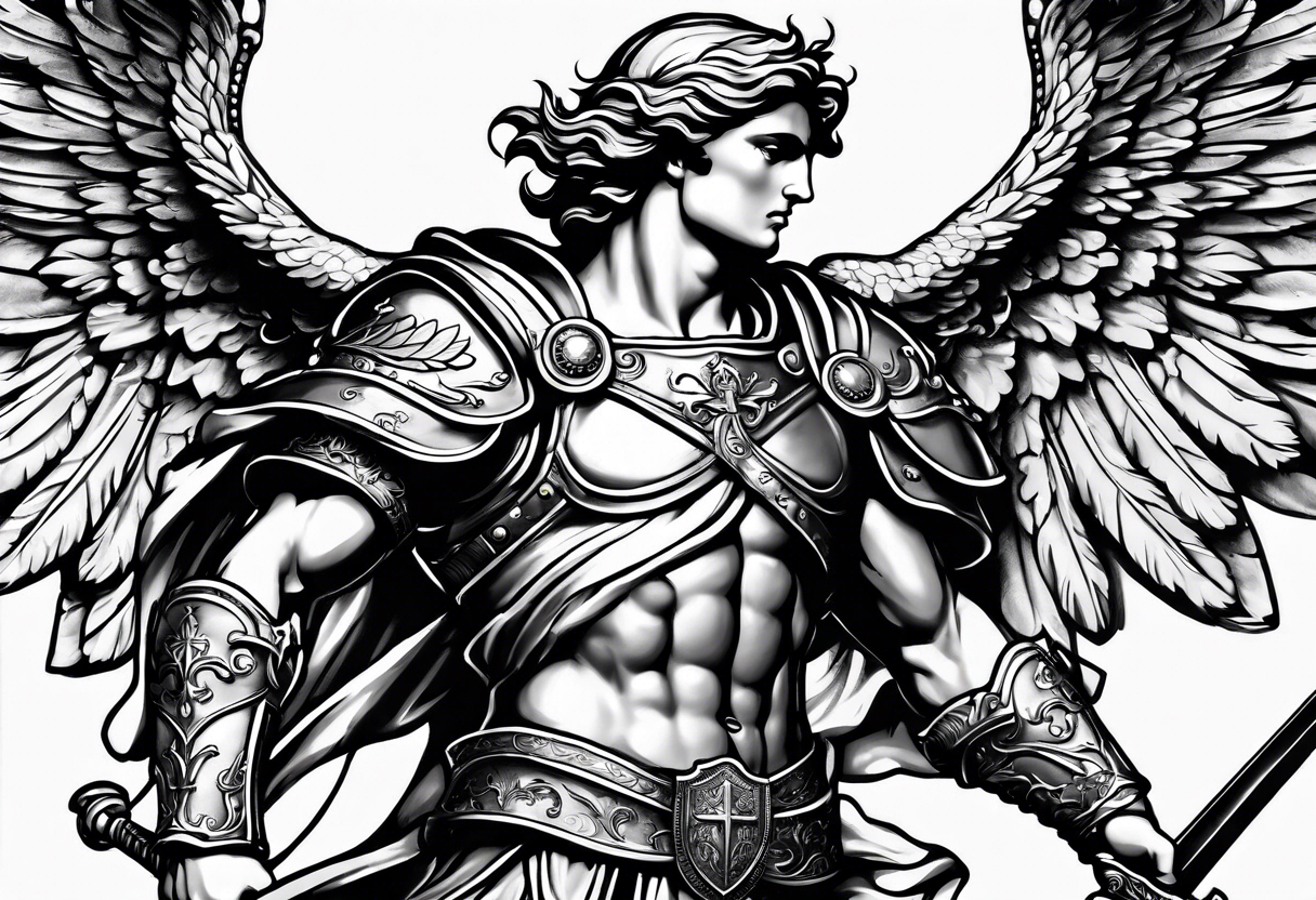 full body saint michael holding a sword tattoo idea