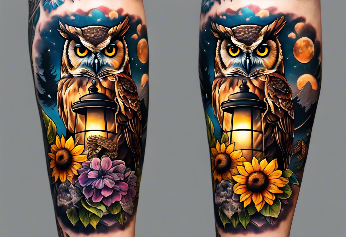 A lower forearm sleeve full colour owl light house with honeycomb filler. With sunflowers pinecone, honey suckles and sweet pea flowers. tattoo idea