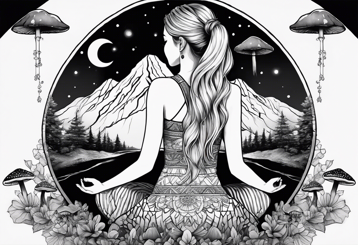 Straight blonde hair girl meditating facing away toward mountains surrounded by mushrooms crescent moon mandala circular design black and white striped dress tattoo idea