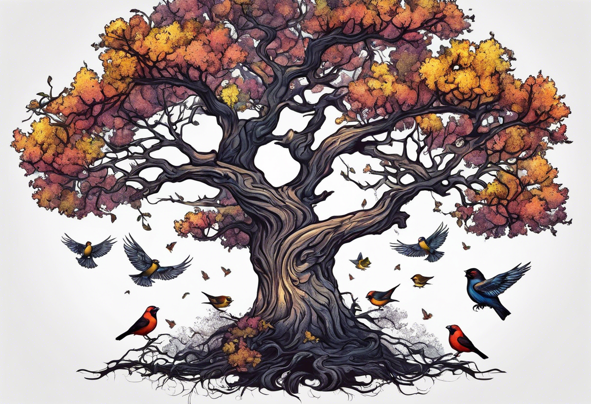 oak tree with finch birds tattoo idea