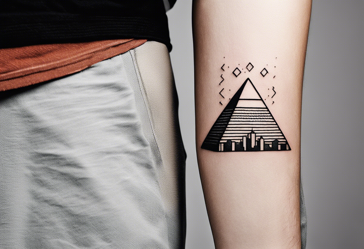 Design a minimalist yet meaningful tattoo featuring a subtle fusion of the  Pyramids of Giza and