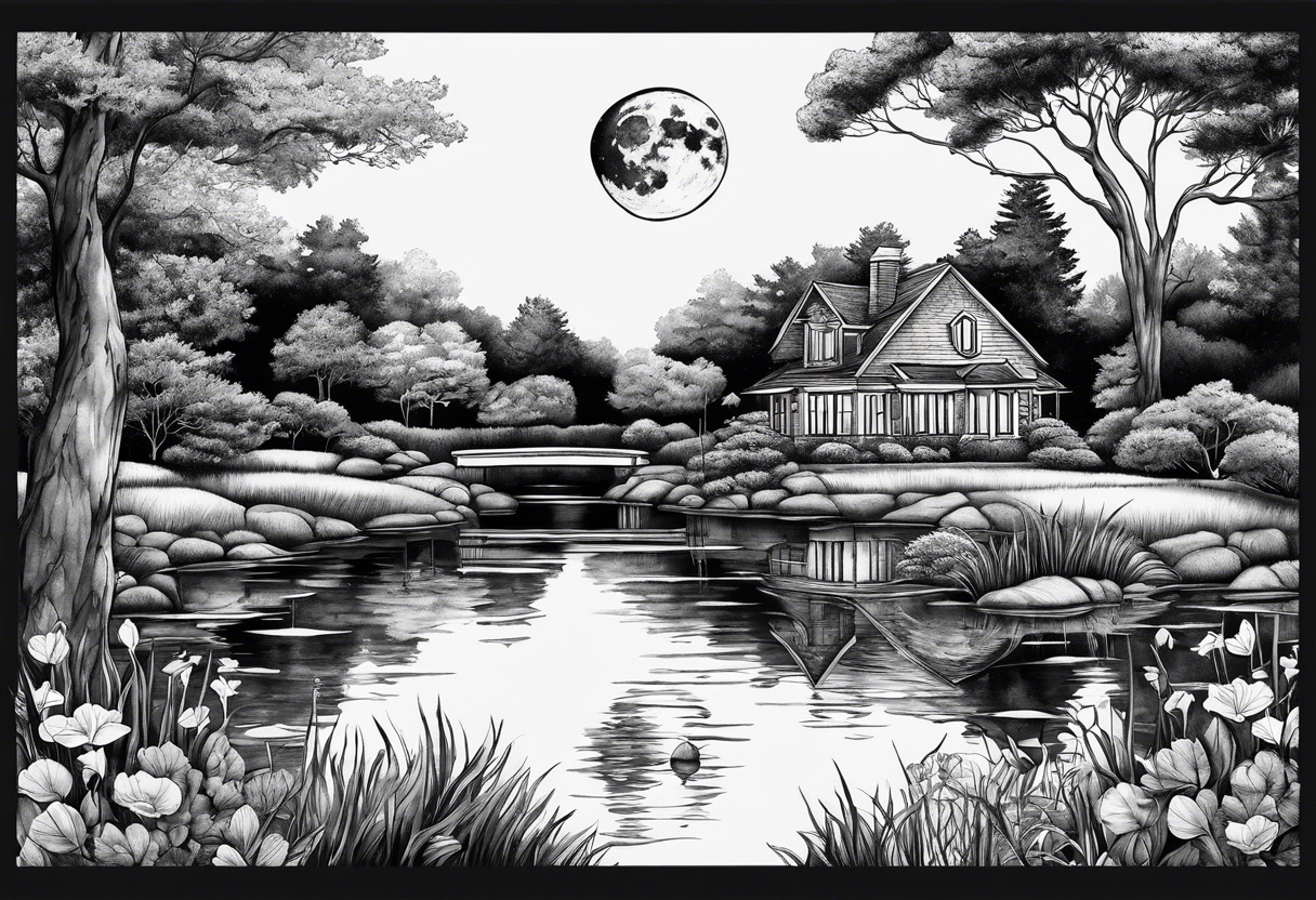 Hidden, secret garden, lake, day moon, beauty, lake house , pond tattoo idea