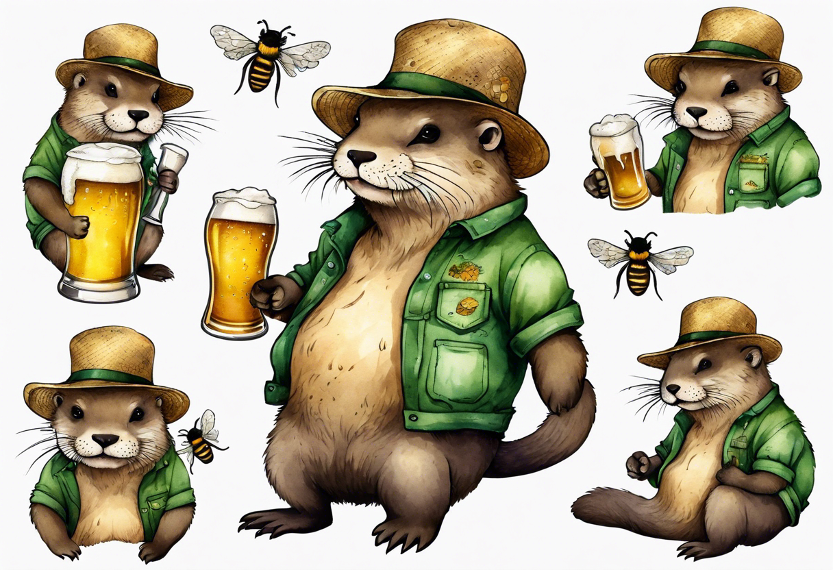 a fat otter wearing green overalls and a tattered straw hat covered in bees, drinking from a tankard of beer tattoo idea