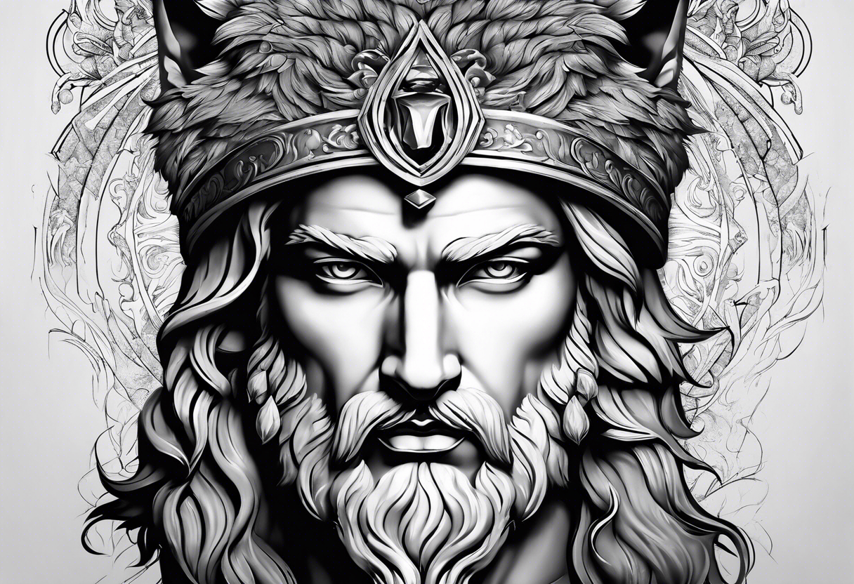 greek god zeus, full sleeve, attractive female face with wolf headress, chemical formula for protein, wolf, full body zeus tattoo idea