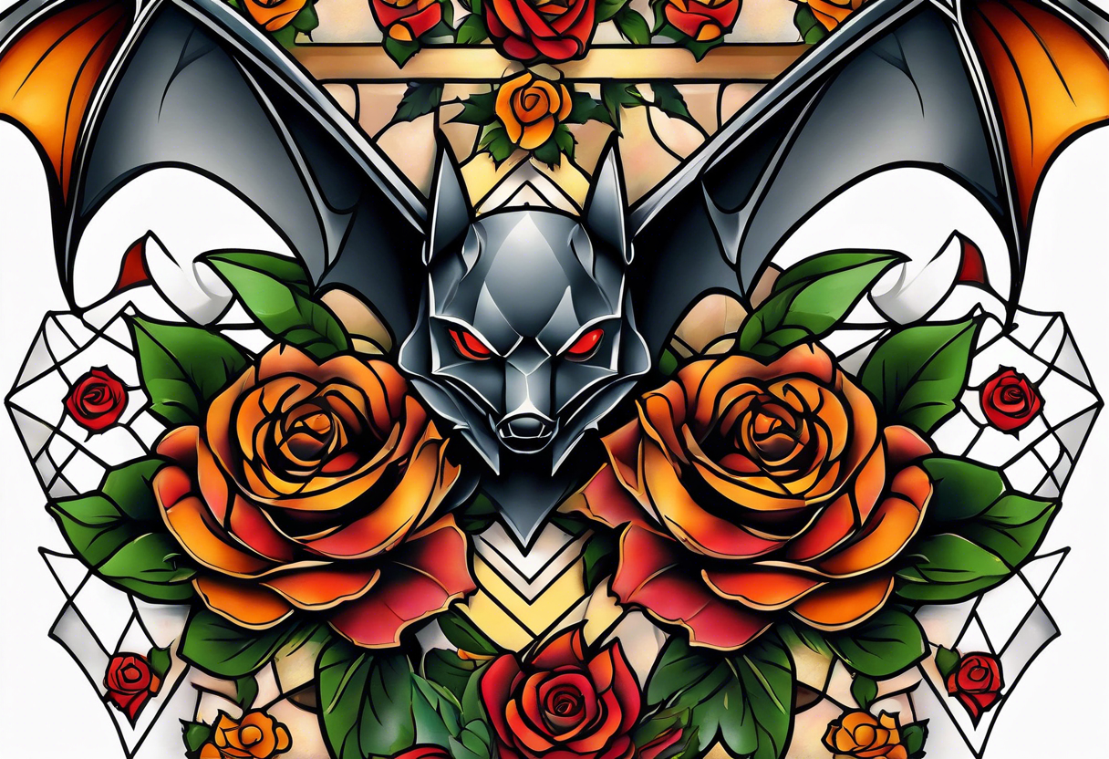 traditional Knee tattoo in fall colors with a Bat face and rose tattoo idea