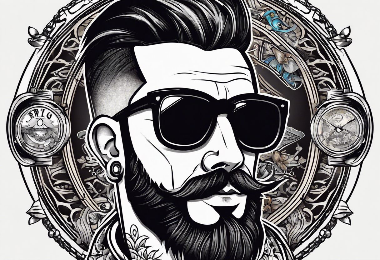 Attractive Male, slim oval face, sunken eyed, Short mustache, tools, ray-bans, no hair on sides and pony-tail on top, mechanic tattoo idea