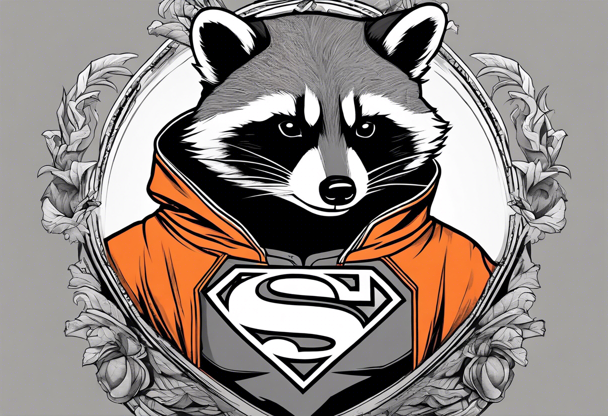 Raccoon wearing an orange Superman hoodie tattoo idea