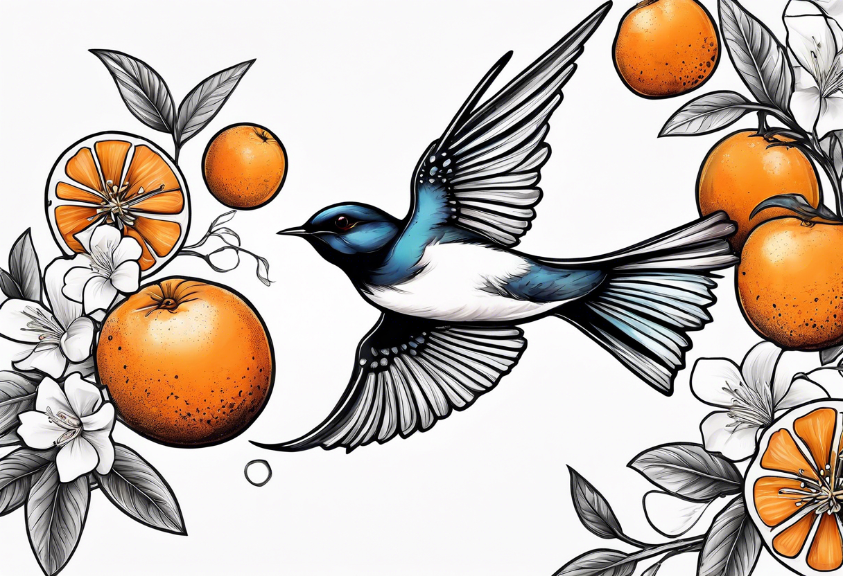 swallow flying away from an orange blossom branch tattoo idea