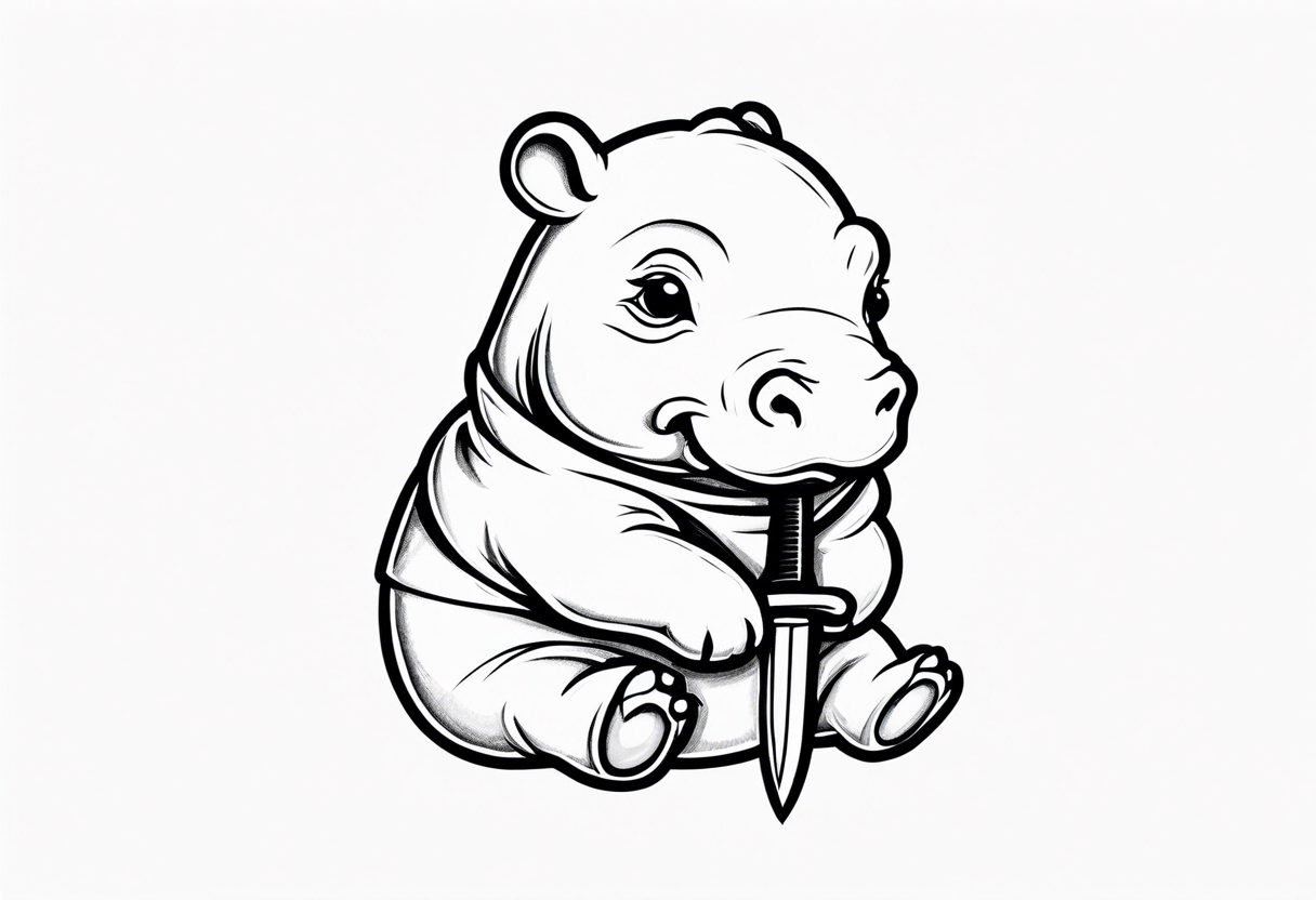 Baby hippopotamus wrapped in a swaddle and holding a knife in its mouth tattoo idea