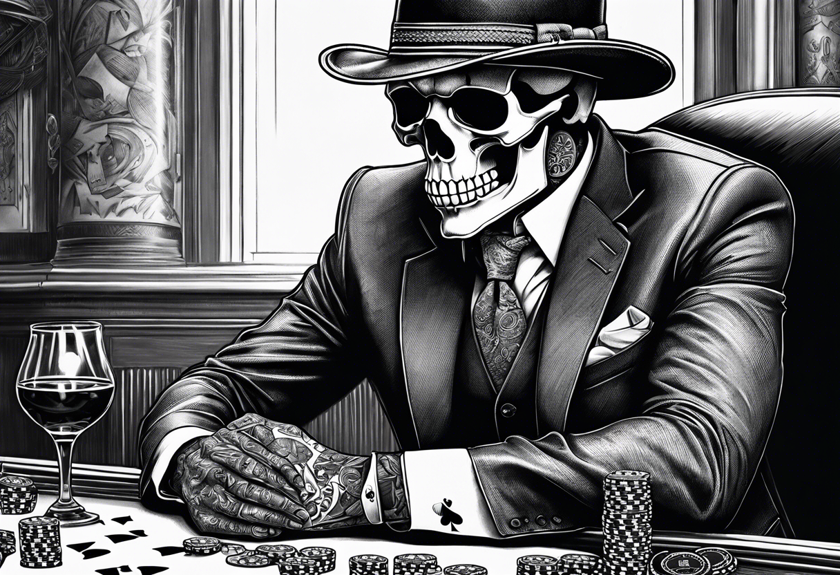 skeleton in suit, with hat, sitting at the table, holding poker tokens tattoo idea