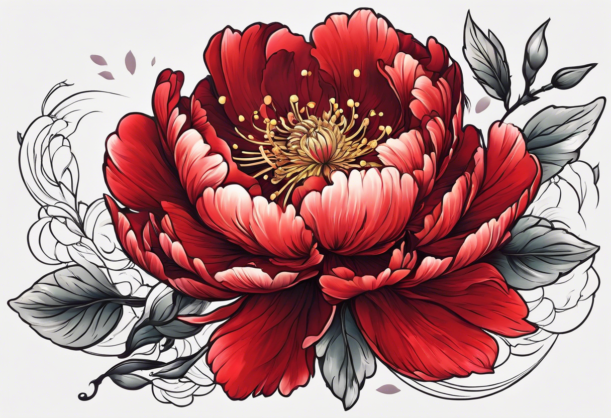 Red peony with a tiny rabbit on a petal tattoo idea