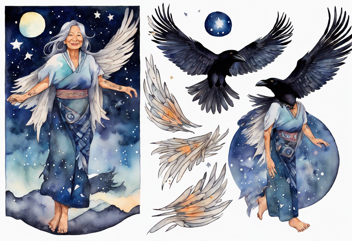 a beautiful 55 year old Dakota woman wearing a tunic, flying in the night sky with raven wings, bare feet tattoo idea