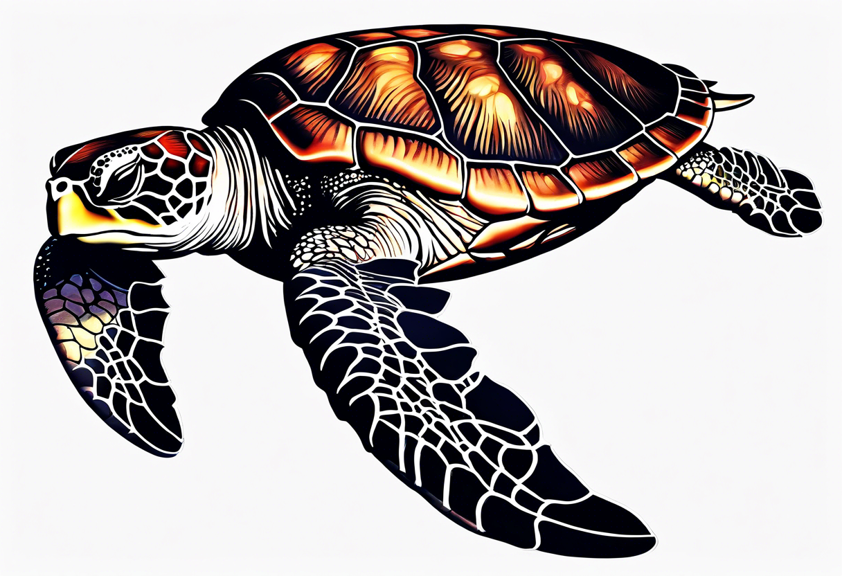 large sea turtle with the back right fin in lower left corner surrounded by coral and kelp tattoo idea