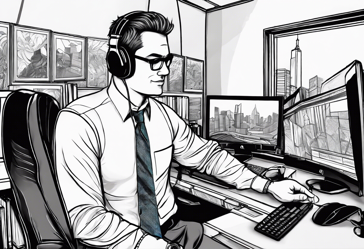 A manager in an office holds the raised hand of a businessman wearing headphones at a computer in tattoo idea