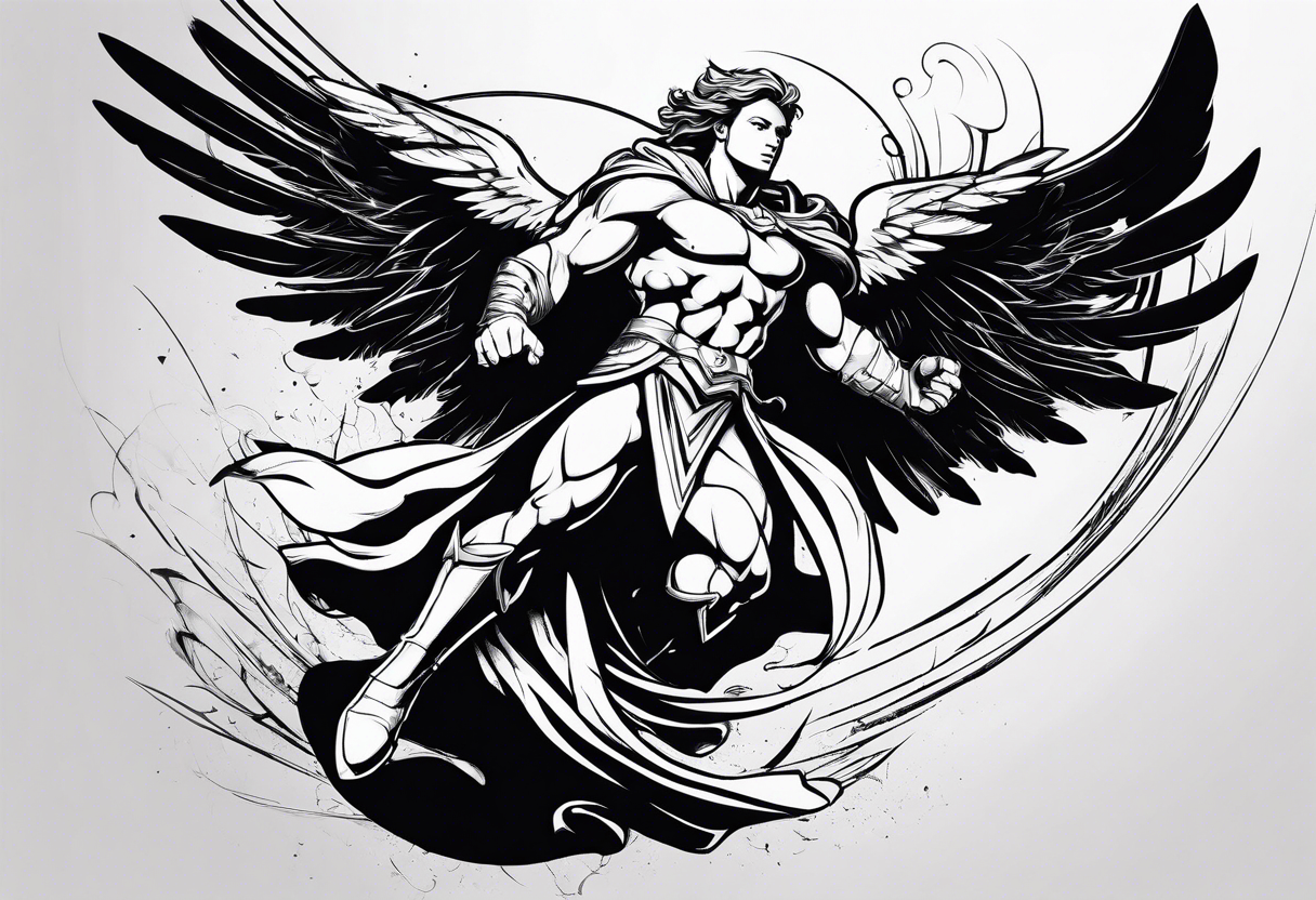 Angel in the pose of a superhero landing tattoo idea