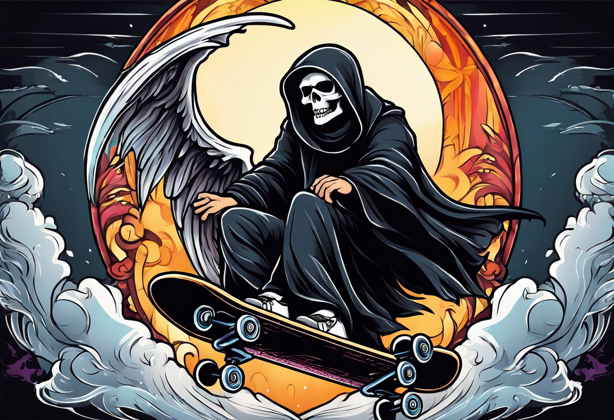 the grim reaper riding a skateboard with an angel halo above his head tattoo idea