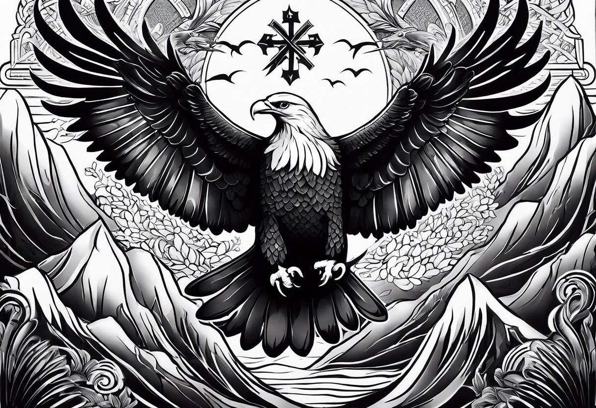 idea of pain for glory in life, discipline and catholic religion. Tattoo on the back with an eagle , 2 pigeon and fish tattoo idea