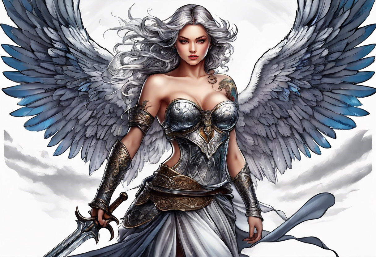 Angel with sword drawn tattoo idea