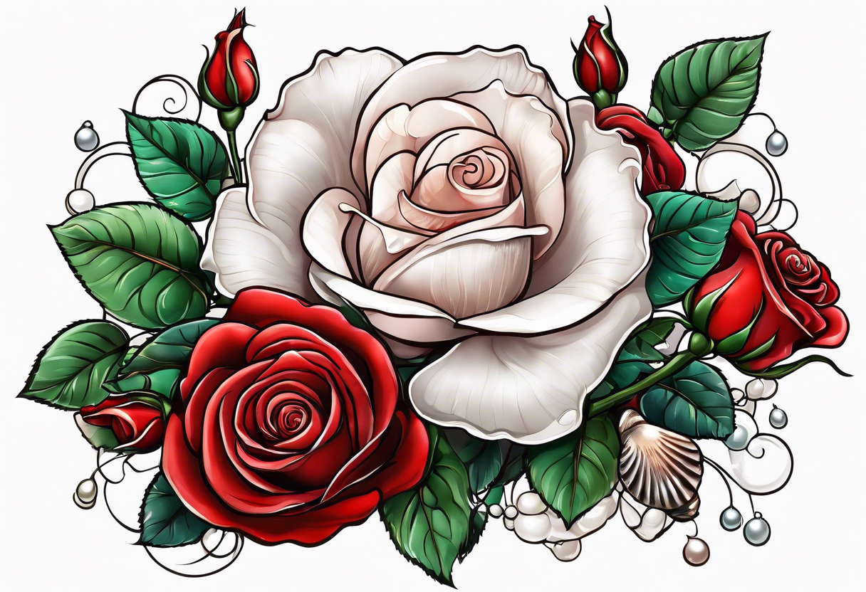 Red rose with a pearls and seashell dangling tattoo idea