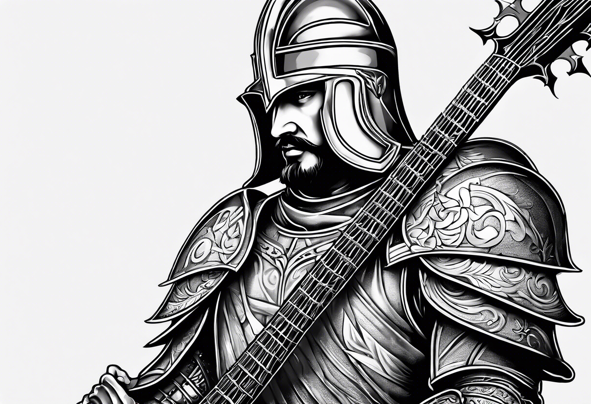 Armor of God knight holding sword and Taylor 
acoustic 
guitar tattoo idea