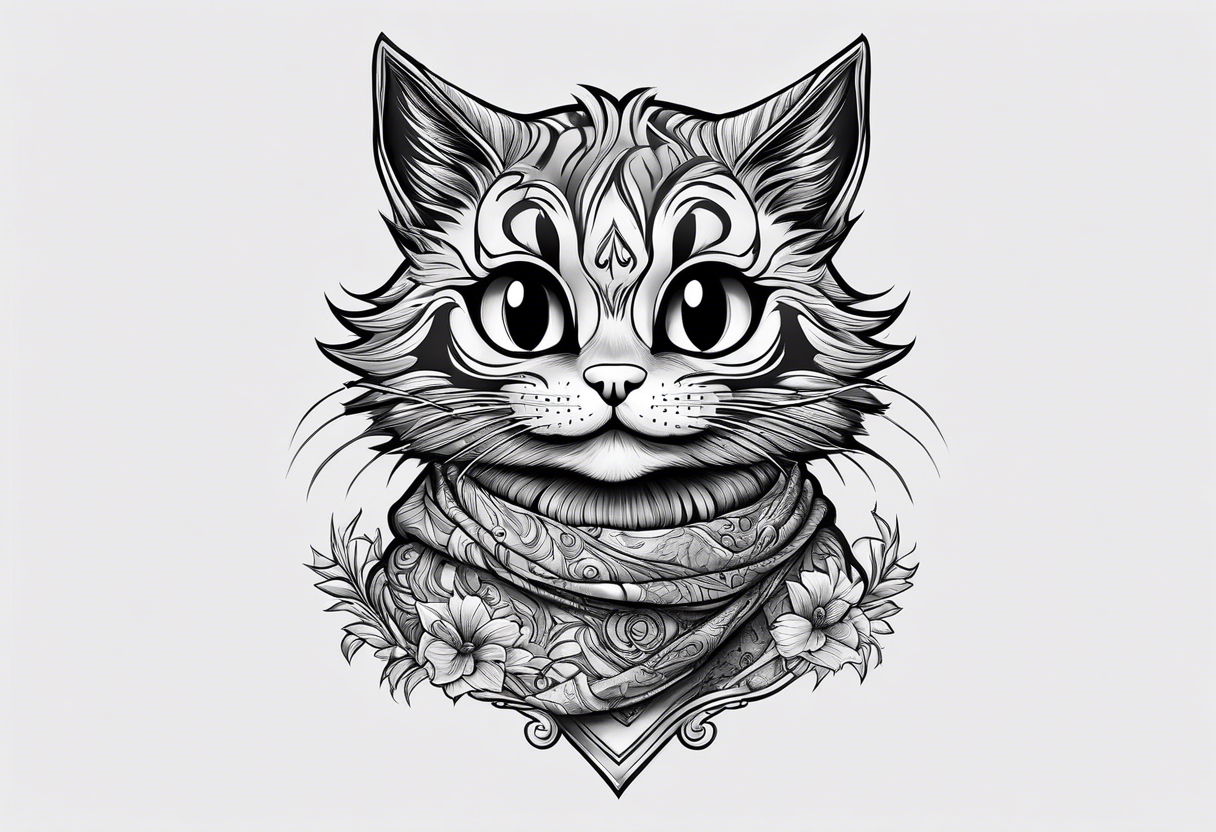 Cute Maine coon kitten dressed like Cheshire cat tattoo idea