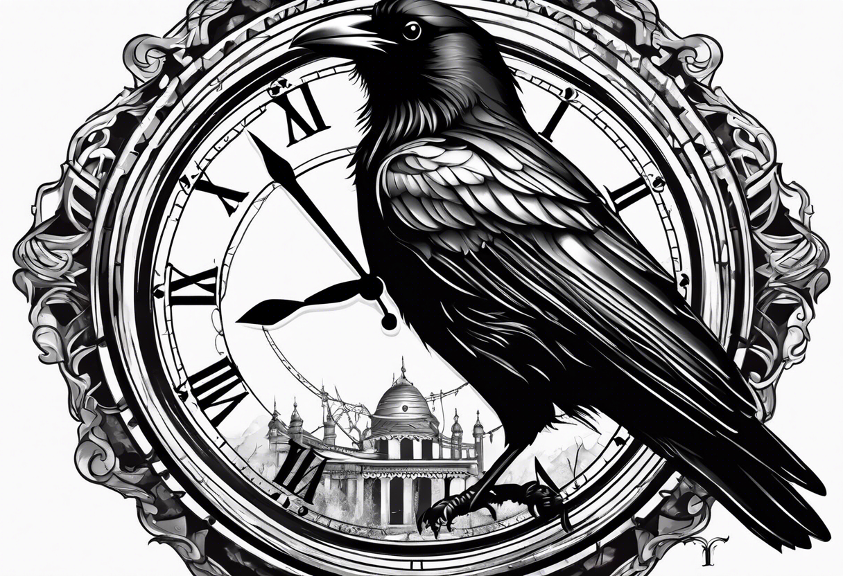 raven perched on clock tattoo idea