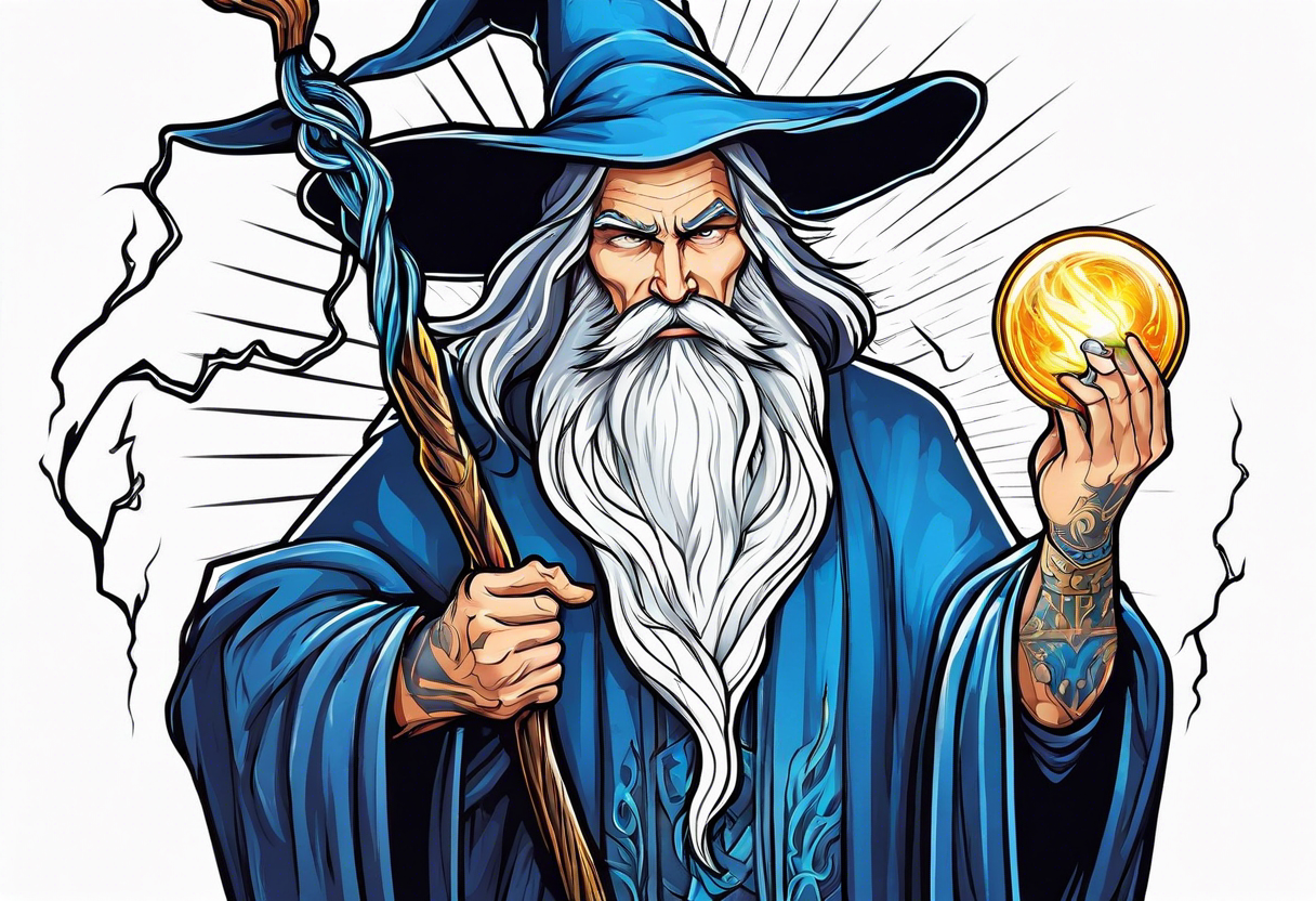 Wizard controlling lightning with a staff with blue arc ball tattoo idea