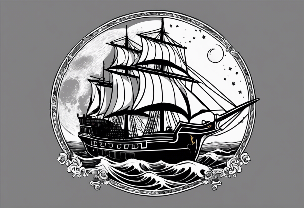 A Portuguese and a German flag with a Portuguese ship caravela in the middle on a dark night with a big moon light tattoo idea