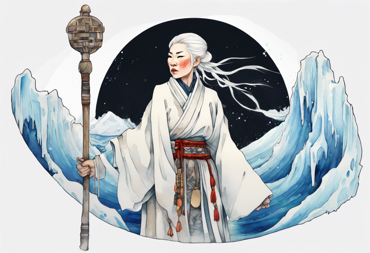 a 40 year old Sami woman with white hair and a white robe holding a white staff, standing on an iceberg tattoo idea