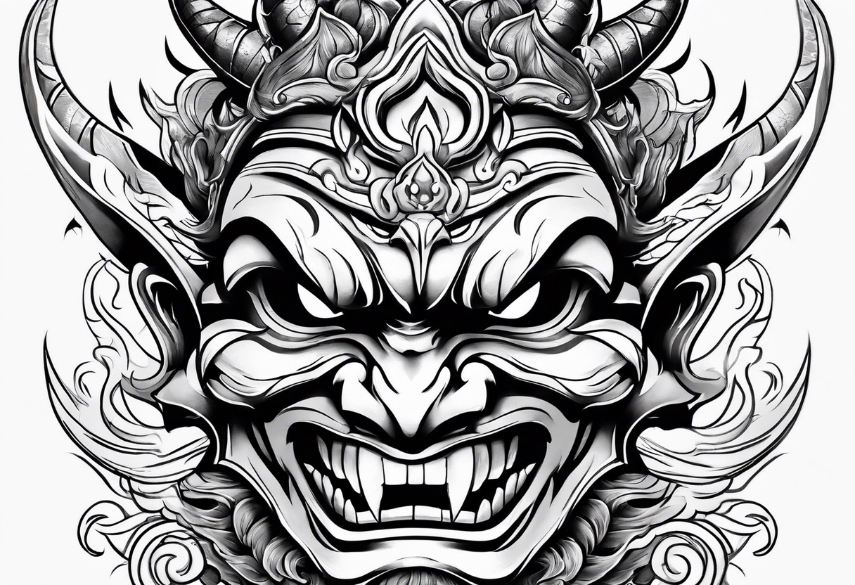 Oni mask with flames at the teeth tattoo idea