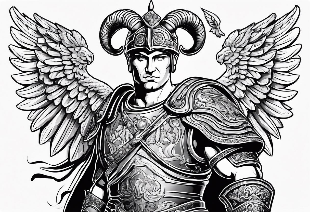 Roman soldier figure, ram's horns, guardian angel tattoo idea