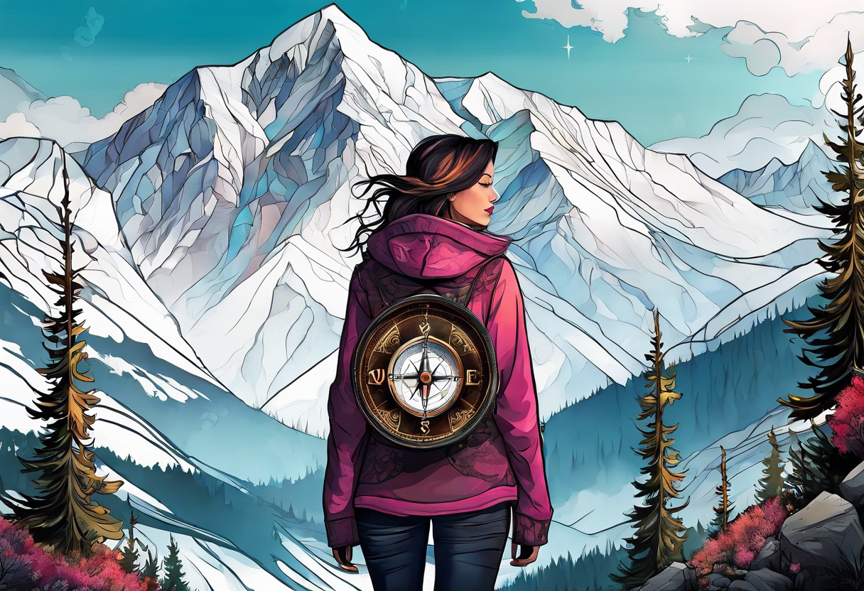 Feminine adventure, mountain scape, compass, cover-up tattoo idea