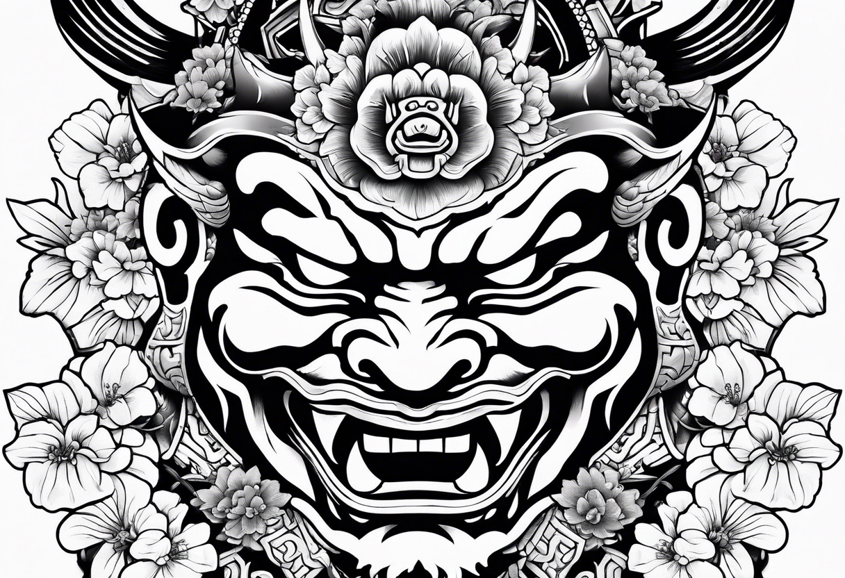 Oni mask with a background of Japanese temples and cherry blossoms tattoo idea