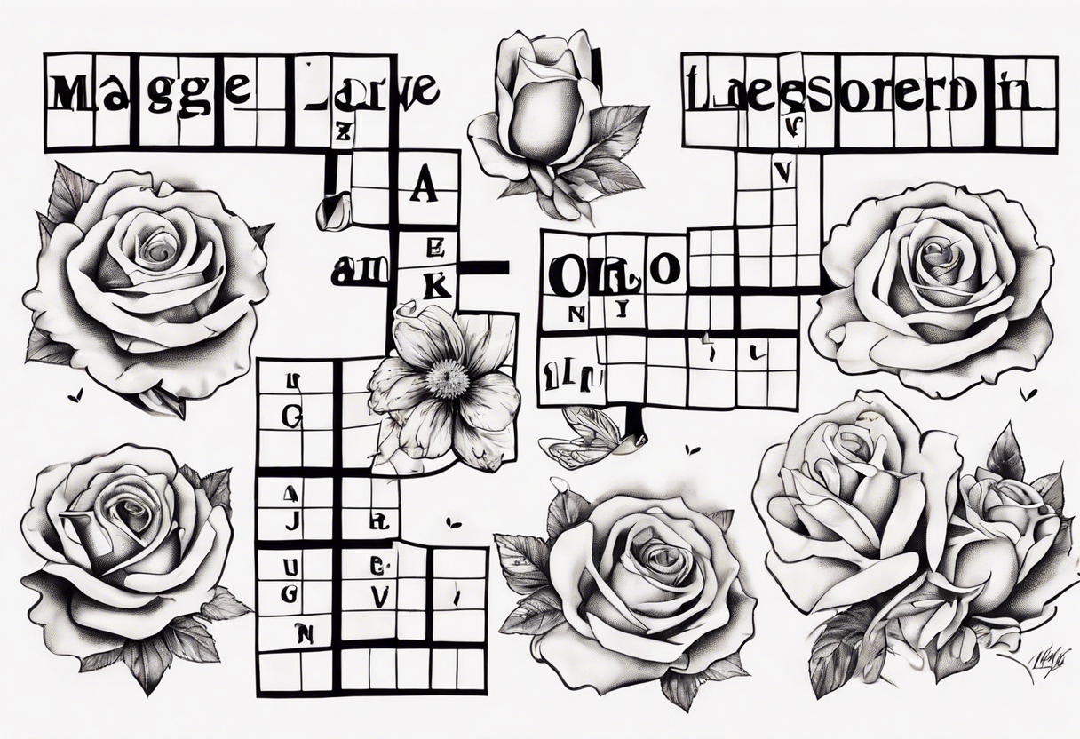 The words Maggie and Lucas and Love and Forever in a crossword puzzle tattoo idea