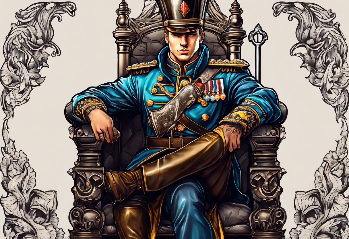 a german prince is dressed as a solider and sitting on a thronw with a sceptor in one hand and a knife in the other tattoo idea