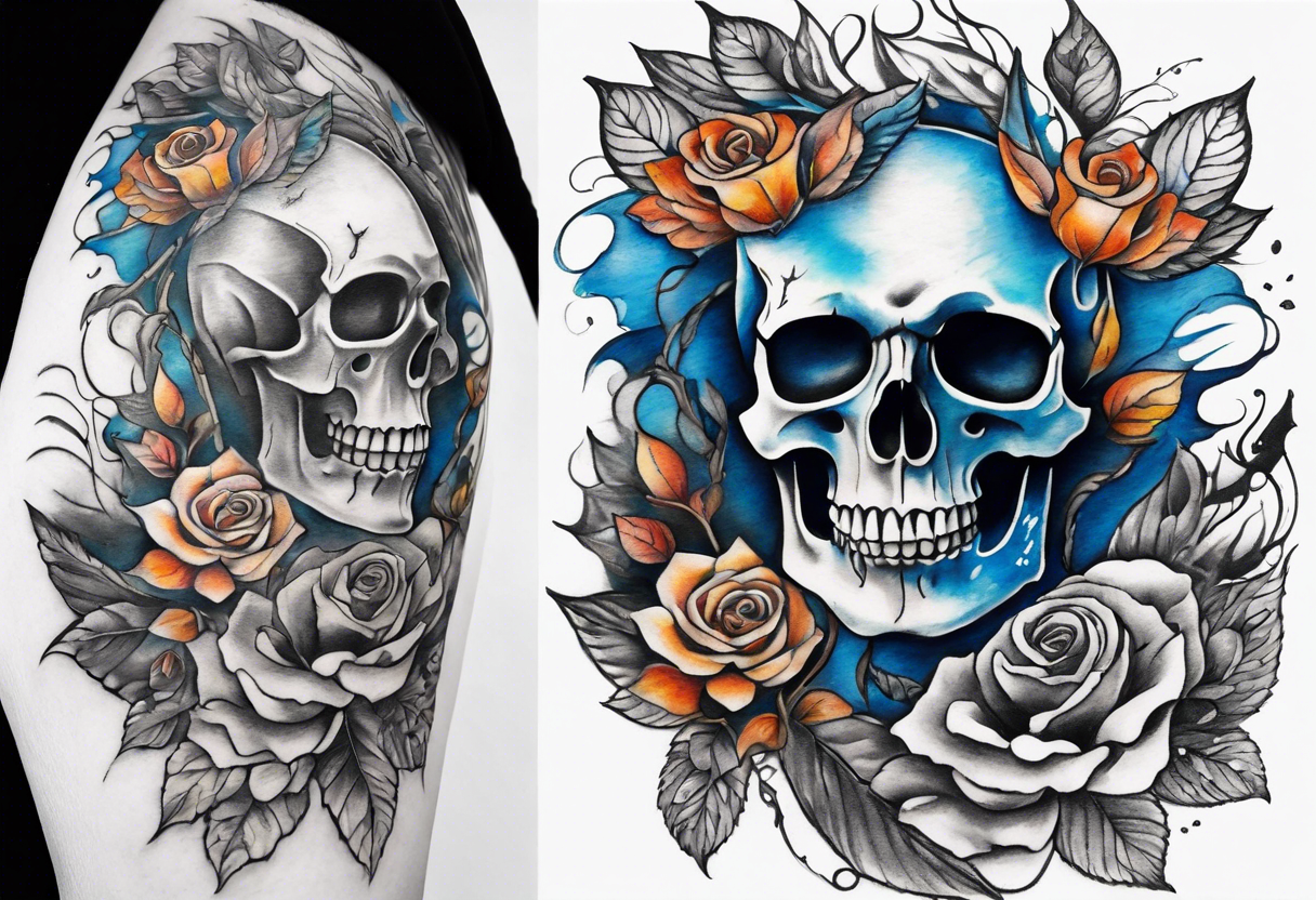 Front knee tattoo with fall colors, small flowers, rose, devil skull, leaves, blue water flows with washes and background Powell Peralta tattoo idea